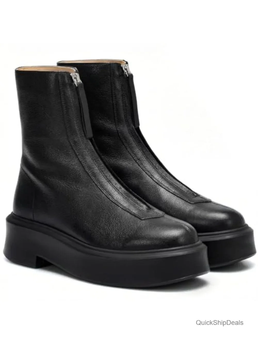 Platform Ankle Boots Chunky Chelsea Short Front Zipper Leather Boot